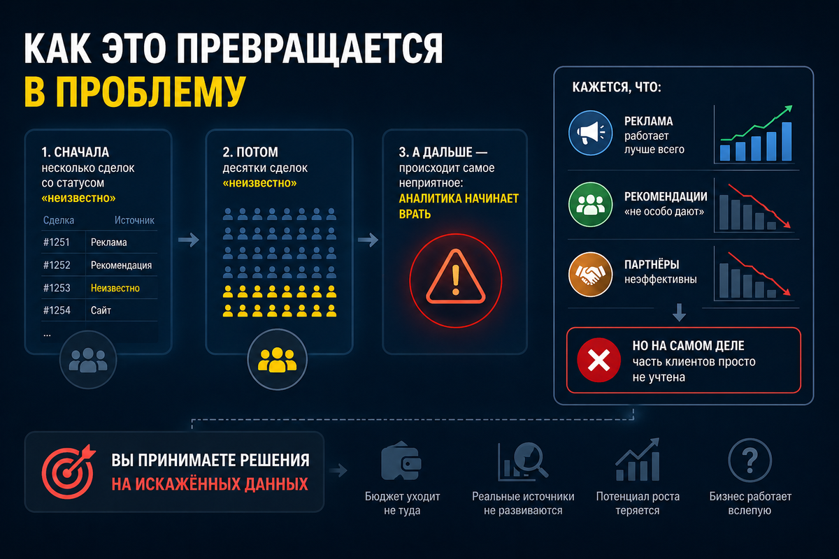 Несколько «неизвестно» в CRM незаметно превращаются в искажённую аналитику — и вы начинаете верить в неправильные выводы.
