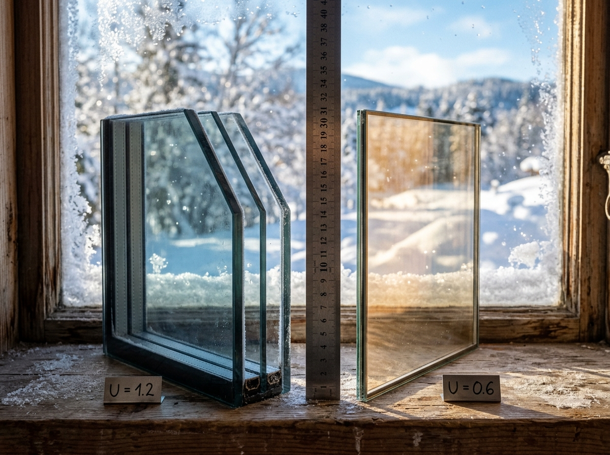 На этой фотографии — наглядная революция в мире окон. Слева вы видите массивный двухкамерный стеклопакет толщиной 32 миллиметра. Справа — вакуумный стеклопакет толщиной всего 6–8 миллиметров. Разница в 4–5 раз по толщине, но тонкое стекло греет лучше толстого: его сопротивление теплопередаче (U-value) достигает 0,6 Вт/(м²·K), тогда как у обычного — 1,2. Тонкий пакет идеально подходит для исторических зданий, деревянных рам и холодных регионов, сохраняя тепло и не утяжеляя конструкцию. За технологией вакуумного остекления — будущее энергоэффективного домостроения.