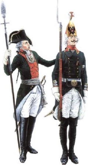 Обер-офицер и унтер-офицер гренадерской роты 2-го батальона Балтийского гребного флота. Март 1797 — январь 1798 гг. Рисунок художника А.В. Каращука. 1998 г.
