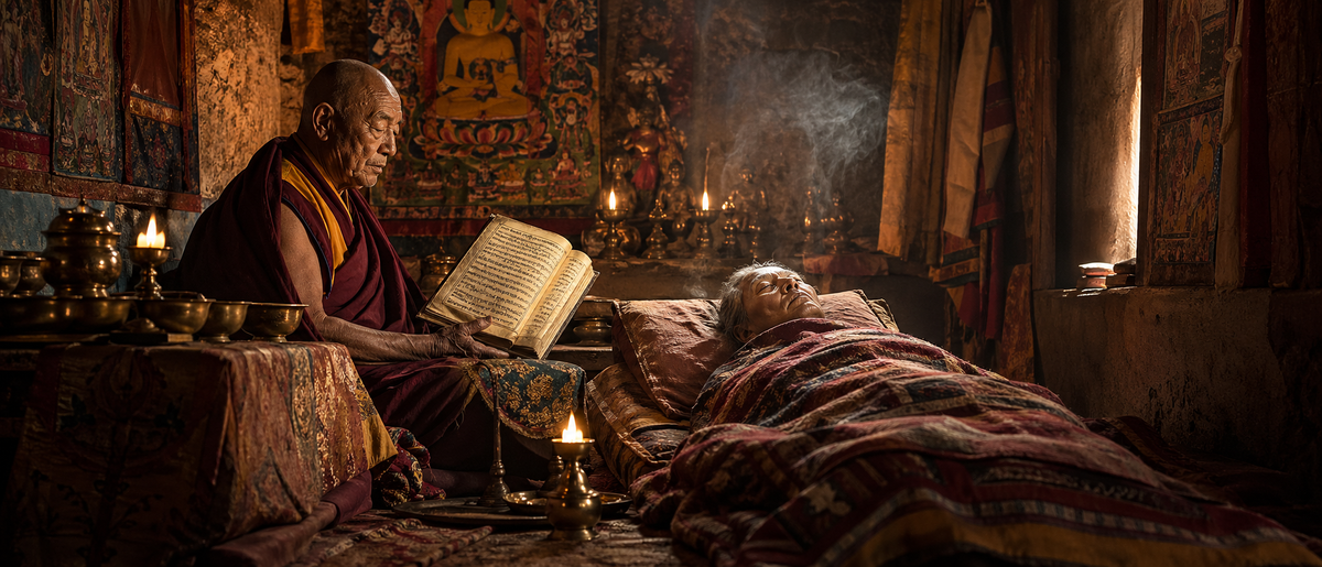 Тибетский монах читает священный текст рядом с умирающим