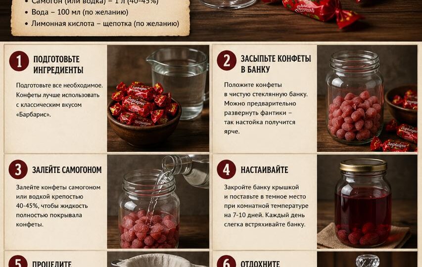 Настойка на «Барбарисе» — простой вариант домашнего ликёра: конфеты + самогон/водка, 7–10 дней настаивания, фильтрация — готово