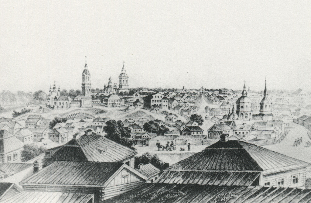 Вид города Томск с литографии художника Ю. В. Флека 19 век. источник: https://kruzheva.lib.tomsk.ru/page/635/ 