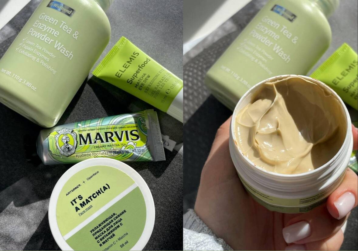 Мои фавориты с экстрактом матчи: энзимная пудра By Wishtrend, скраб для тела Ok Beauty, лимитированная аска Art&Fact x Openface и зубная паста Marvis. Крем для кожи вокруг глаз от Elemis не впечатлил.
