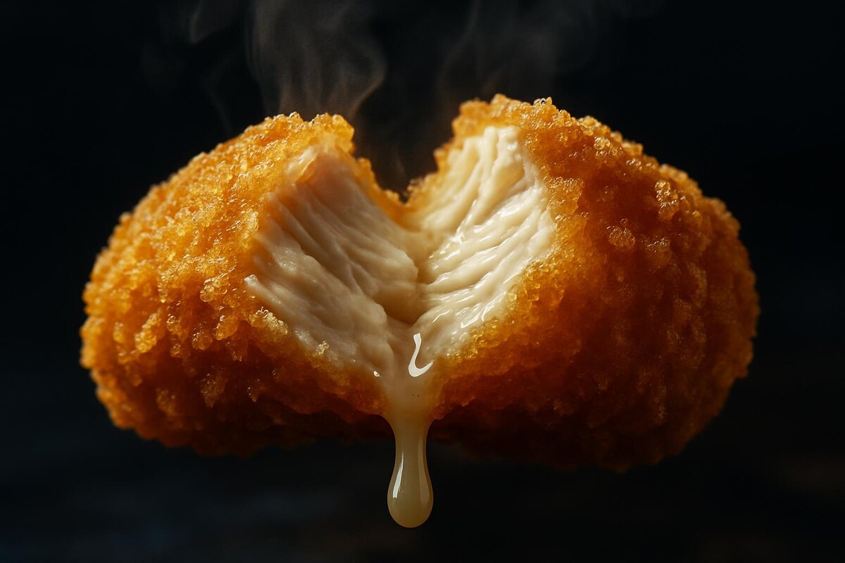 разломленный куриный наггетс с сочным мясом и хрустящей корочкой