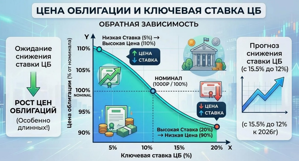 Зависимость цены облигаций от ключевой ставки ЦБ РФ. Рисунок с сайта tenchat.ru