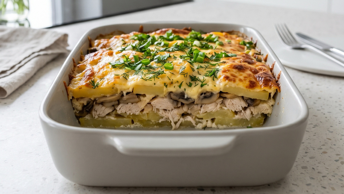 Запеканка с курицей, картофелем и грибами