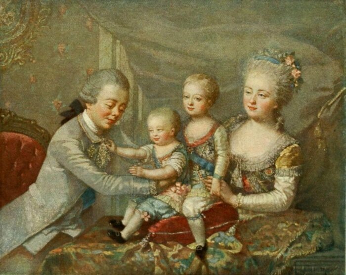 «Павел с женой и сыновьями перед отъездом» 1782 года, художник Корнелиус Хойер
