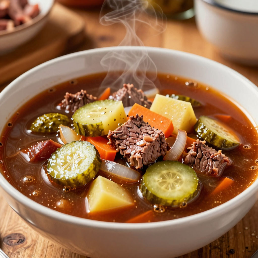 Сытный суп на мясном бульоне с миксом копчёностей, маринованными огурцами, маслинами и лимоном