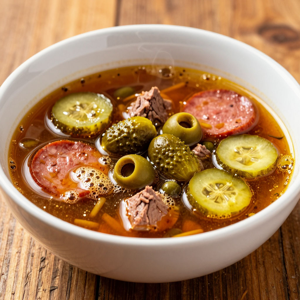 Сытный суп на мясном бульоне с миксом копчёностей, маринованными огурцами, маслинами и лимоном