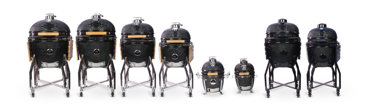 Вся линейка грилей Якинику. Слева на право: XXLARGE, XLARGE, LARGE, MEDIUM, COMPACT, MINI, Black Editions - LARGE и MEDIUM