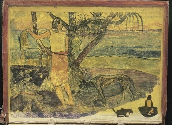 Лист из рукописи Гогена. Рукопись в твердом переплете из коричневой замши, с акварелью гуашью на лицевой стороне и гравировкой на дереве на лицевой стороне, состоящая из 182 листов, на которые наклеено 59 акварелей. На нем черным шрифтом написано название: "НОАНОА / Путешествие с / Таити". Источник изображения - сайт Лувра