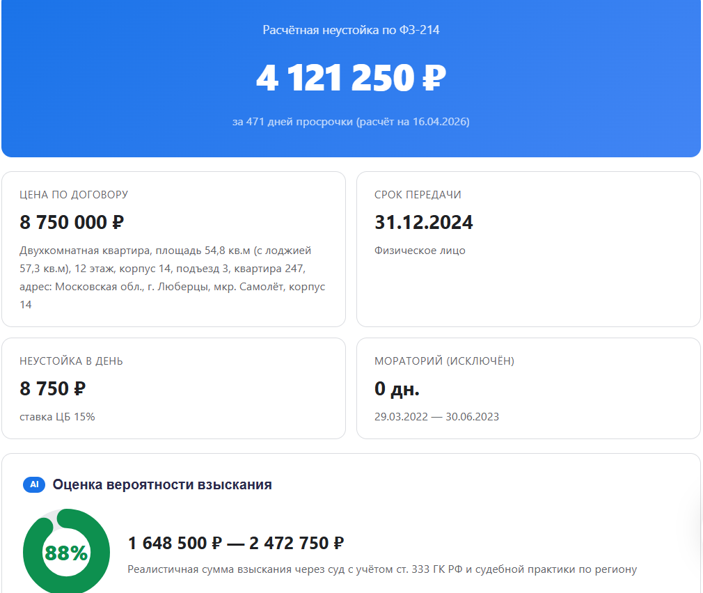продвинутый калькулятор неустойки по ДДУ.