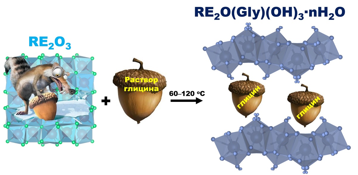 Схема взаимодействия оксидов редкоземельных элементов с водными растворами глицина в мягких условиях (60°С–120°C) с образованием новых слоистых соединений — оксогидроксоглицинатов редкоземельных элементов (RE – редкоземельный элемент; Gly – глицин)