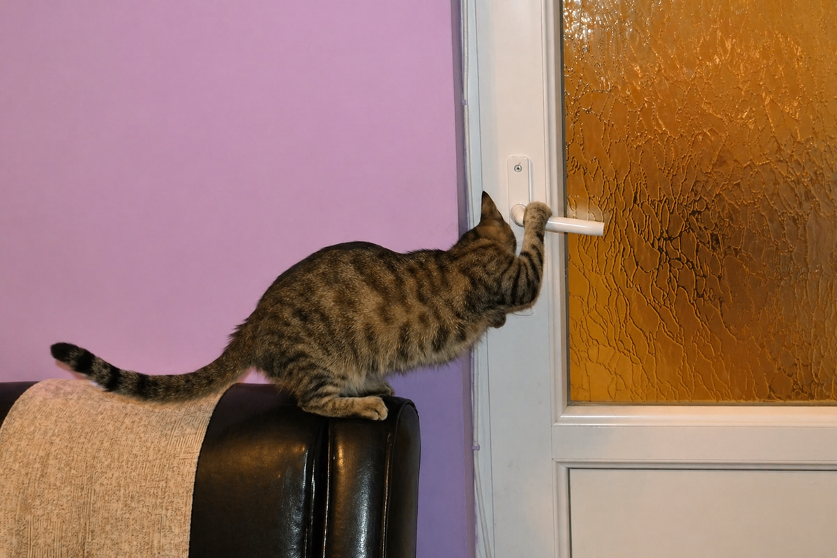 Кот открывает дверь за ручку 