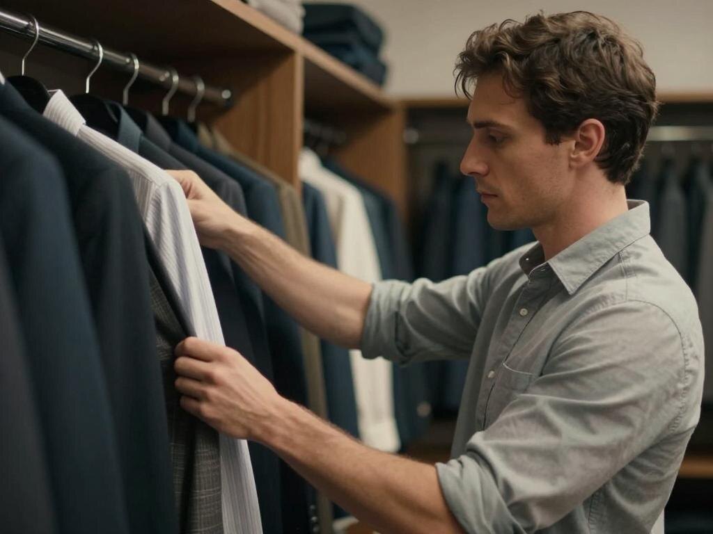 Мужчина выбирает одежду в шкафу