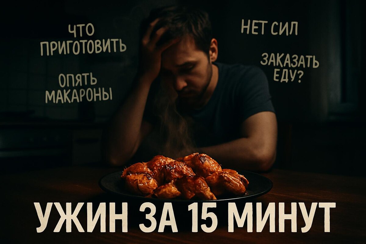 усталый человек на кухне думает что приготовить и готовая курица на переднем плане