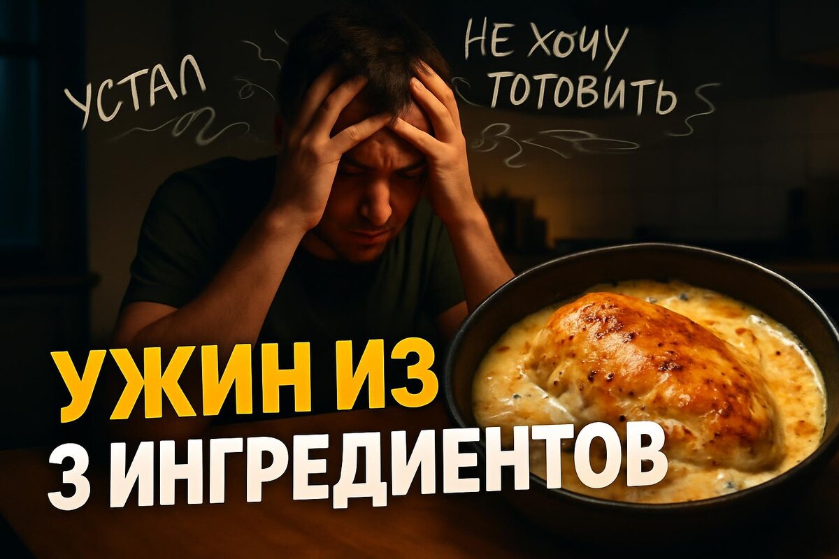 человек устал после рабочего дня, перед ним блюдо из сочной курицы в йогуртовом соусе