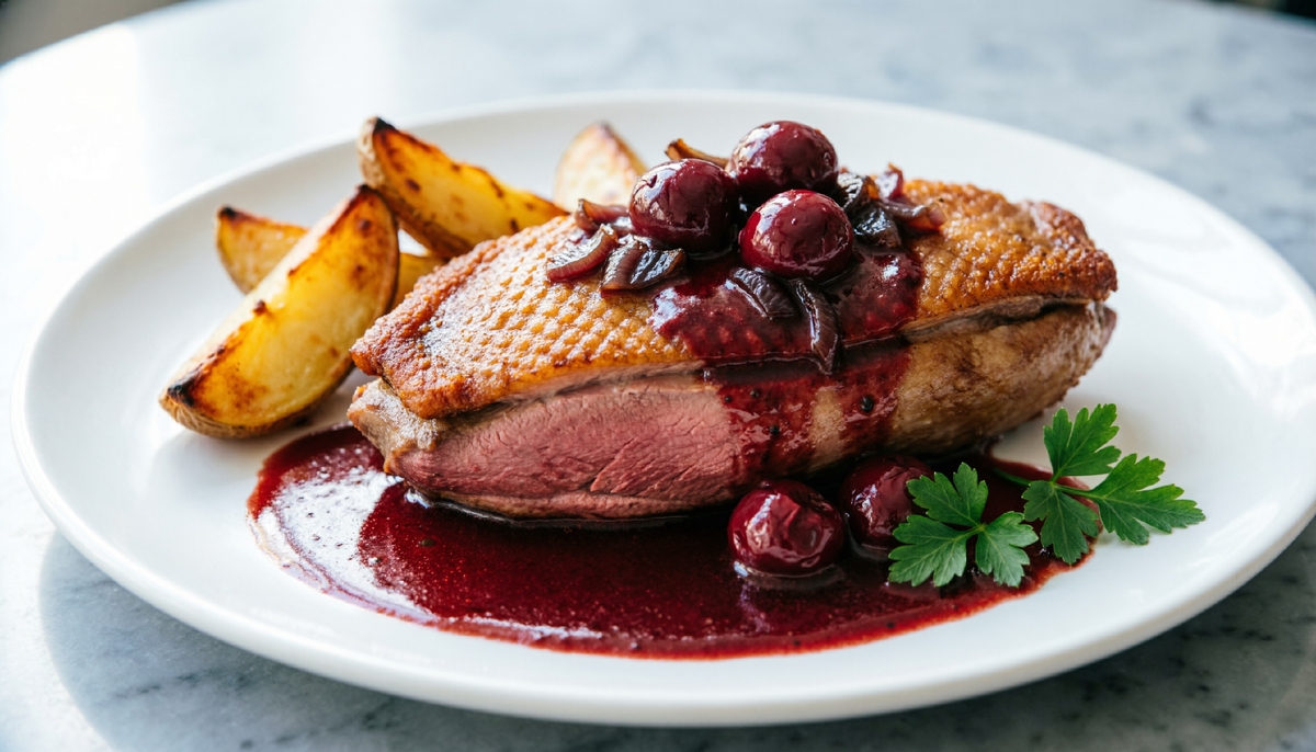 Утиная грудка в соусе из вишни и портвейна