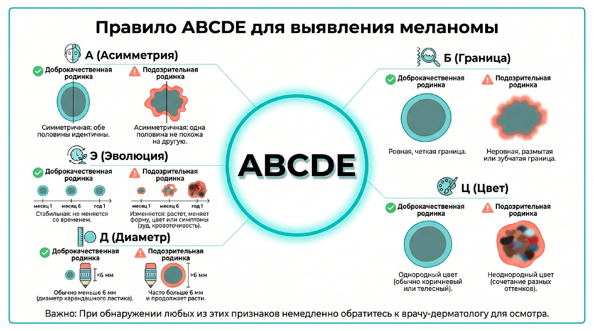 Суть очень простая: если одна родинка отличается от всех остальных по форме, цвету, размеру или поведению, именно она требует особого внимания.