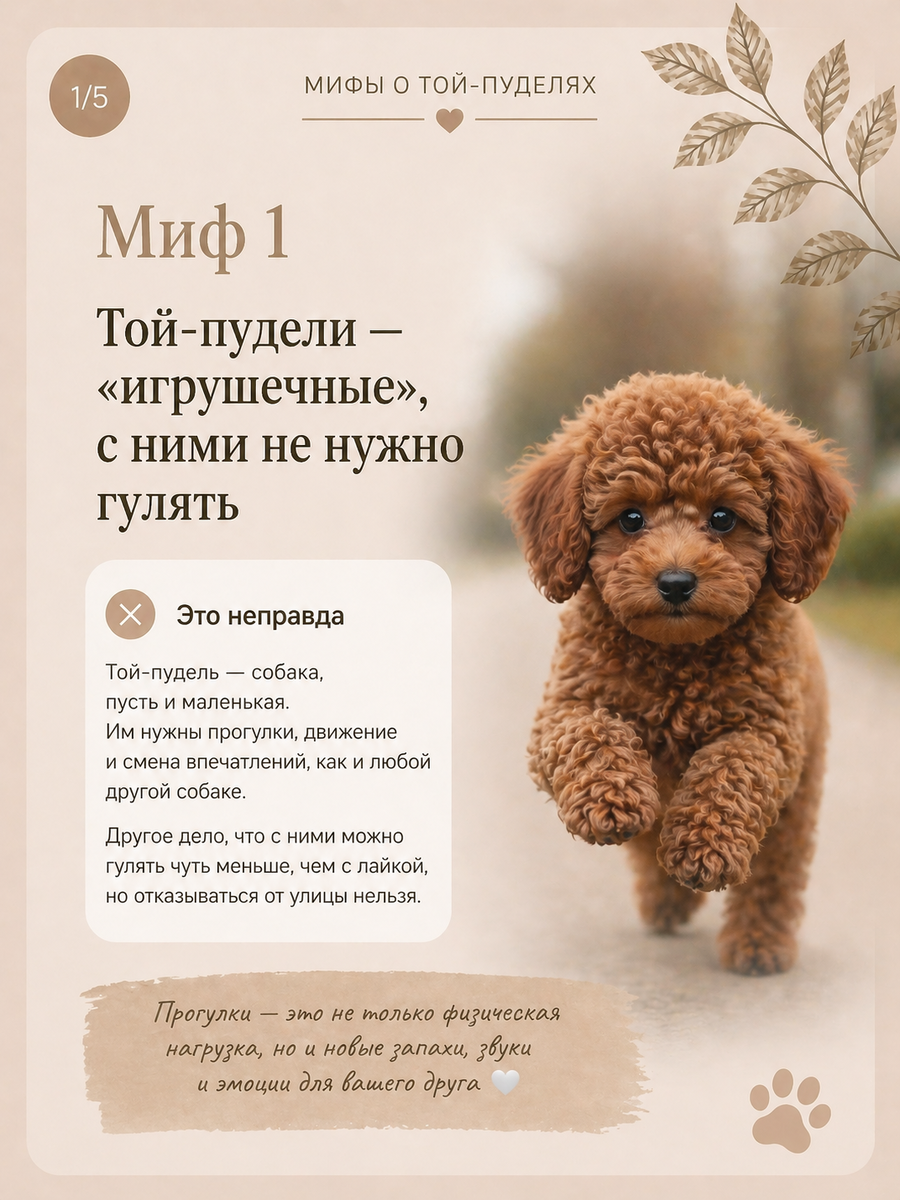 Миф: «Той-пудели — игрушечные, с ними не нужно гулять»Это неправда. Той-пудель — собака, пусть и маленькая. Им нужны прогулки, движение и смена впечатлений, как и любой другой собаке. Отказываться от улицы нельзя 🐾