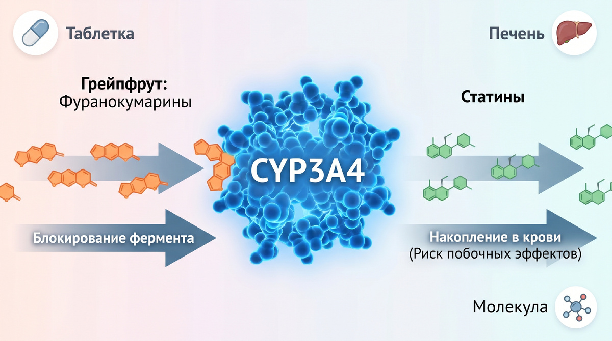 Некоторые препараты тоже влияют на CYP3A4 и могут опасно повышать концентрацию статинов.