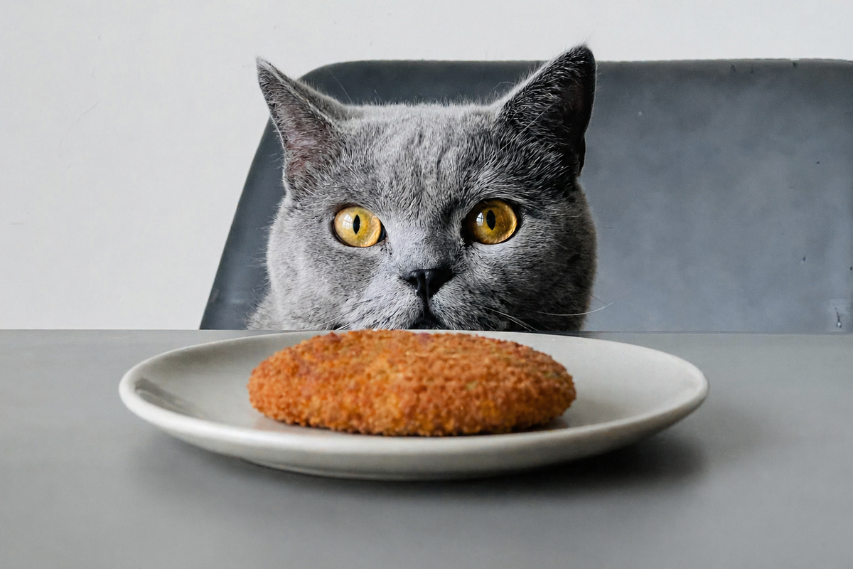 Любопытный кот с жареной котлетой