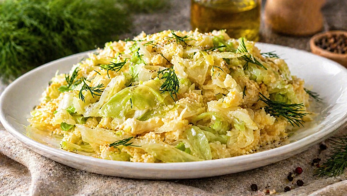 Жареная капуста с яйцом и сыром