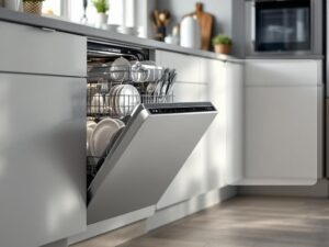    A modern, sleek built-in dishwasher with a 45 cm width, integrated into a contemporary kitchen cabinet. The dishwasher door is slightly open, revealing neatly arranged plates, glasses, and cutlery ins ДомПроще