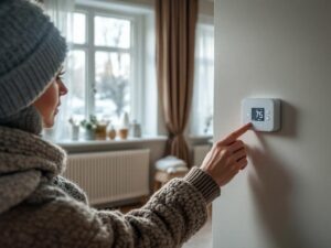    A modern Russian apartment interior during winter, showing a cozy living room with radiators, thermal curtains, and a smart thermostat on the wall. Include a person adjusting the thermostat, wearing w ДомПроще