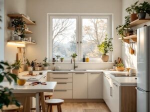    A modern, bright, and compact kitchen in a Khrushchev-era apartment, 6 square meters in size. The design features an L-shaped layout with light-colored cabinets (soft beige or light gray), a white cou ДомПроще