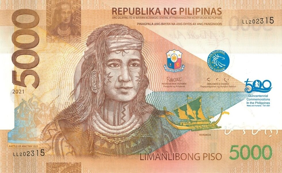 Лицевая сторона: портрет молодого вождя Лапу-Лапу и сюжет битвы при Мактане