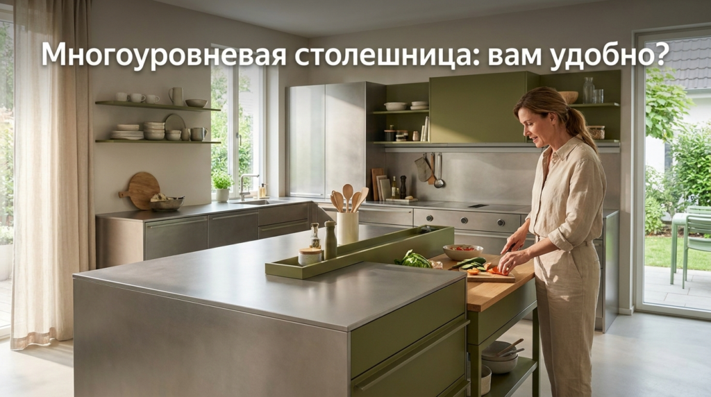    Разноуровневая столешница объединяет зону приготовления еды и барную стойку. MDKUHNY