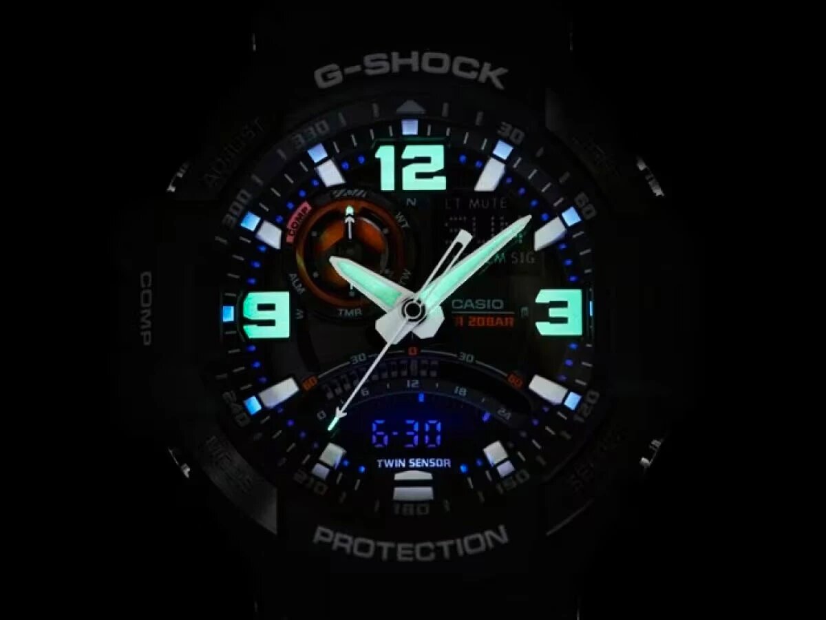 Neobrite в часах G-Shock GA-1000-1A позволяет увидеть время в темноте. В этой модели покрытие работает вместе с неоновой подсветкой 
