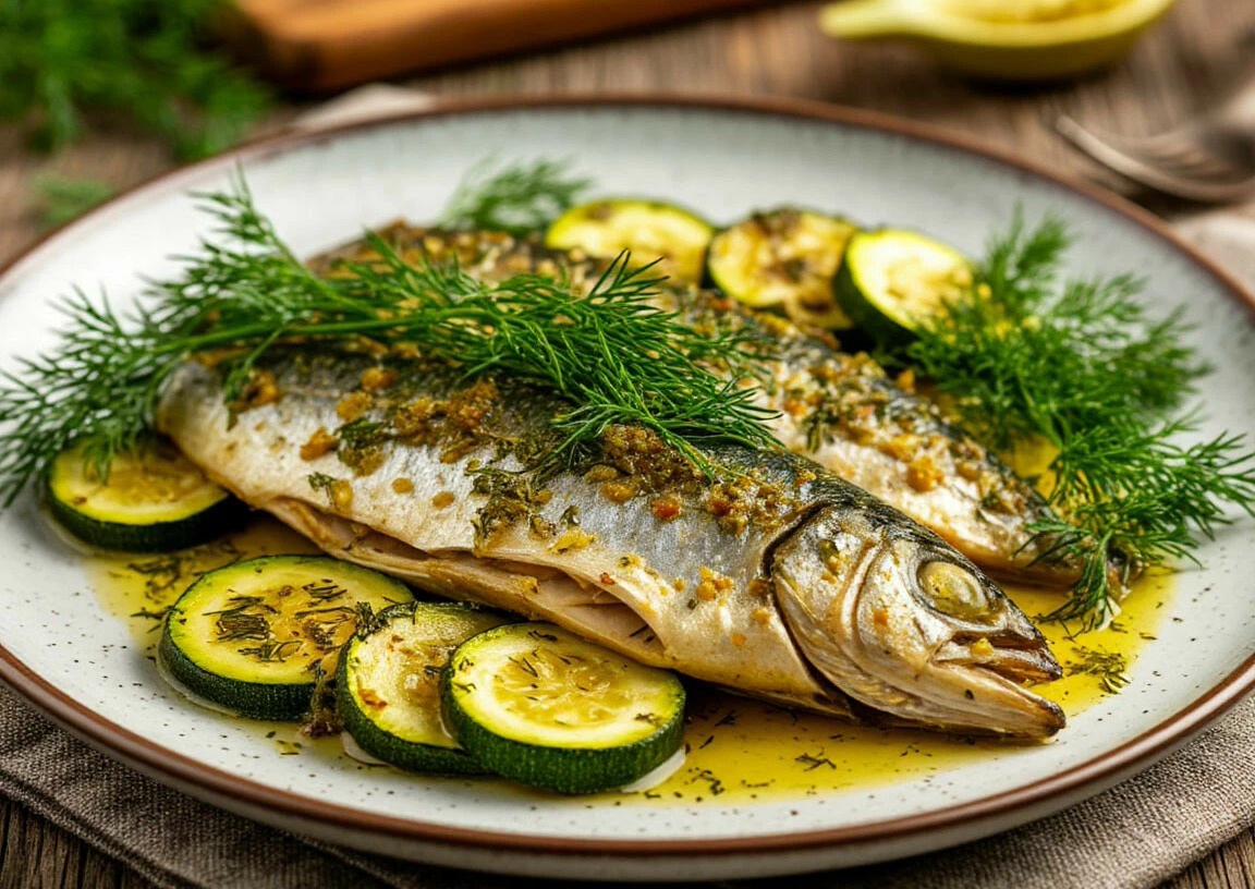 Рецепт. Скумбрия, запечённая с цукини и горчицей под «чешуёй» из укропа