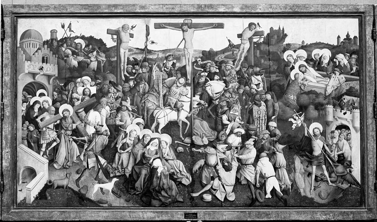 «Распятие Христа и сцены Страстей» (1450–1460) работы Мастера алтаря из Шёппингена — одно из произведений, уничтоженных пожаром 1945 года. Фотография Густава Шварца. Источник: Staatliche Museen zu Berlin.
