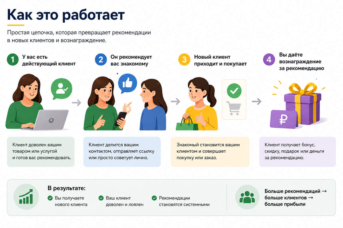 Простая цепочка: клиент рекомендует → приходит новый → вы платите за результат.