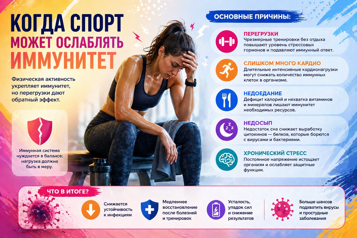 Чрезмерные нагрузки без восстановления могут ослаблять защитные силы организма