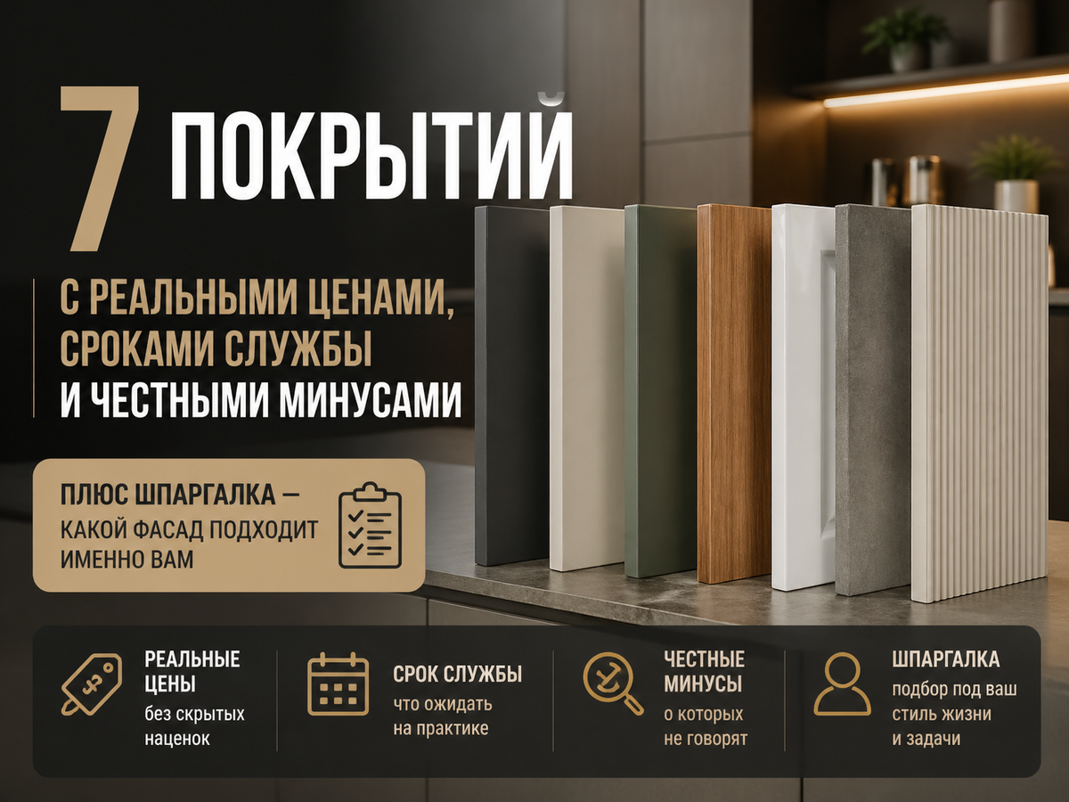 Какие фасады выбрать для кухни: МДФ, эмаль, пластик, массив  — плюсы и минусы каждого
