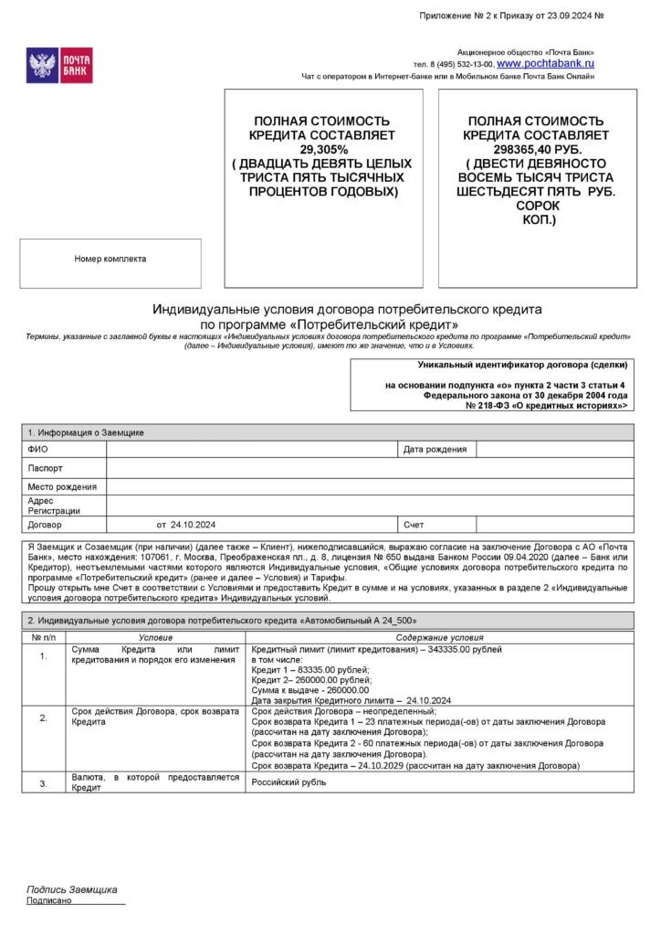 Кредитный договор в АО "Почта Банк"