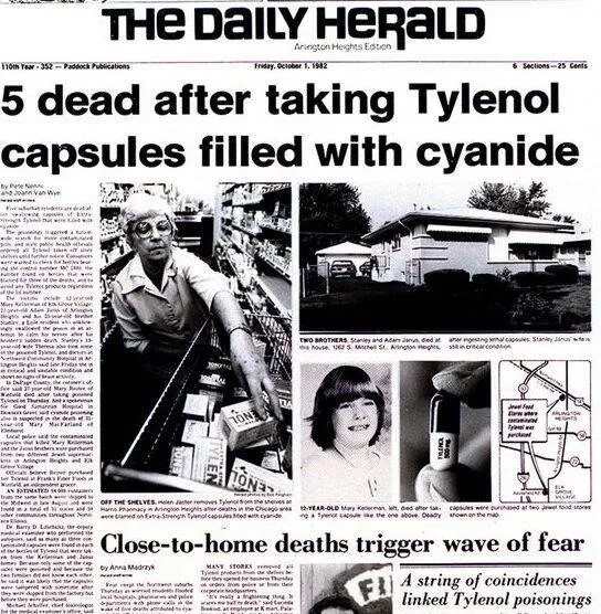 Передовая статья в Daily Herald после того, как 29 сентября 1982 года пять человек погибли от отравления капсулами с цианидом
