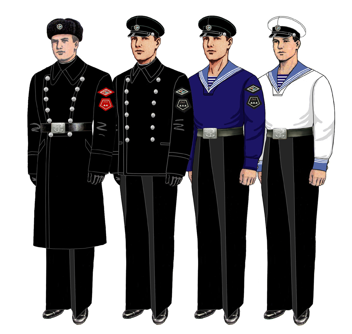 Форма одежды курсантов Ленинградского арктического училища, установленная приказом № 162 от 9.11.1945 г. Для Пеледуйского арктического судостроительного училища данная форма вводилась приказом начальника ГУСМП № 82 от 25.02.1949 г. (Авторская реконструкция)