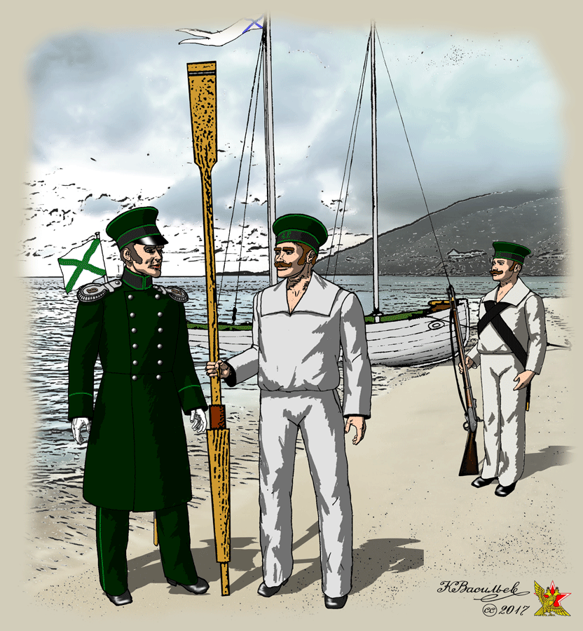 Форма одежды чинов второго полубатальона Военно-рабочего №9 батальона Ведомства Путей сообщения обр. 1829 г. Слева обер-офицер в сюртуке, справа и на заднем плане нижние чины 4-й роты в дополнительном матросском обмундировании.