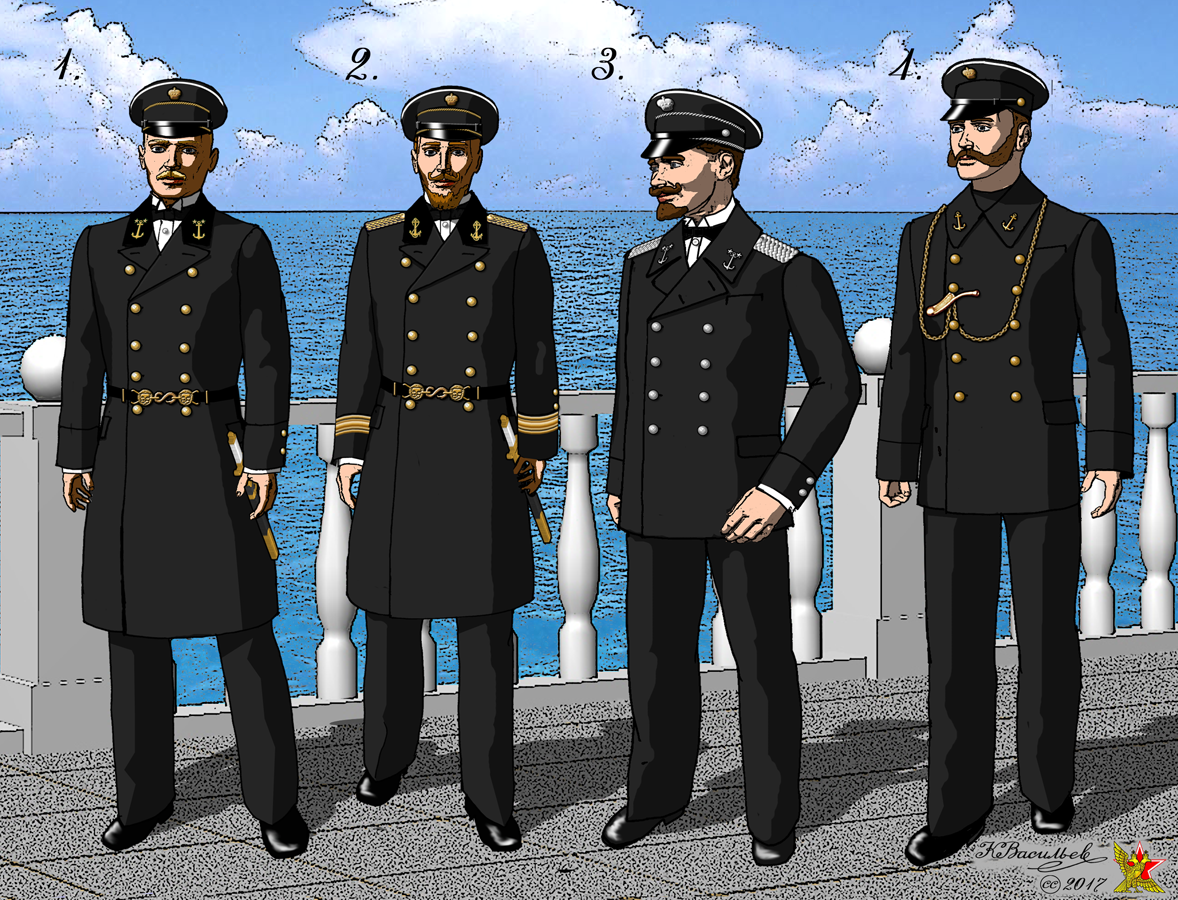 Форма одежды лиц, служащих на судах "Русского общества пароходства и торговли":

1. Парадная форма начальствующего состава.

2. Парадная форма Инспектора морской части.

3. Обыкновенная рабочая форма старшего механика.

4. Зимняя форма боцмана.