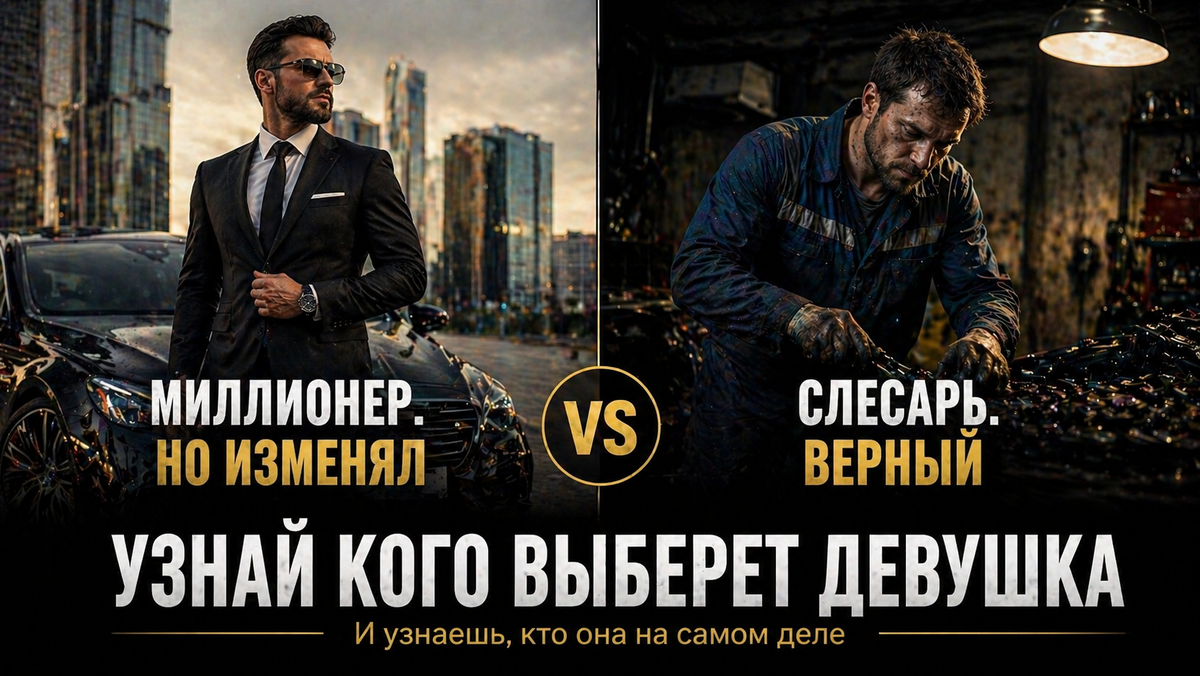 Два мужчины — богатый в костюме у машины и рабочий в спецовке, вопрос «Кого выберет девушка и узнаешь кто она»