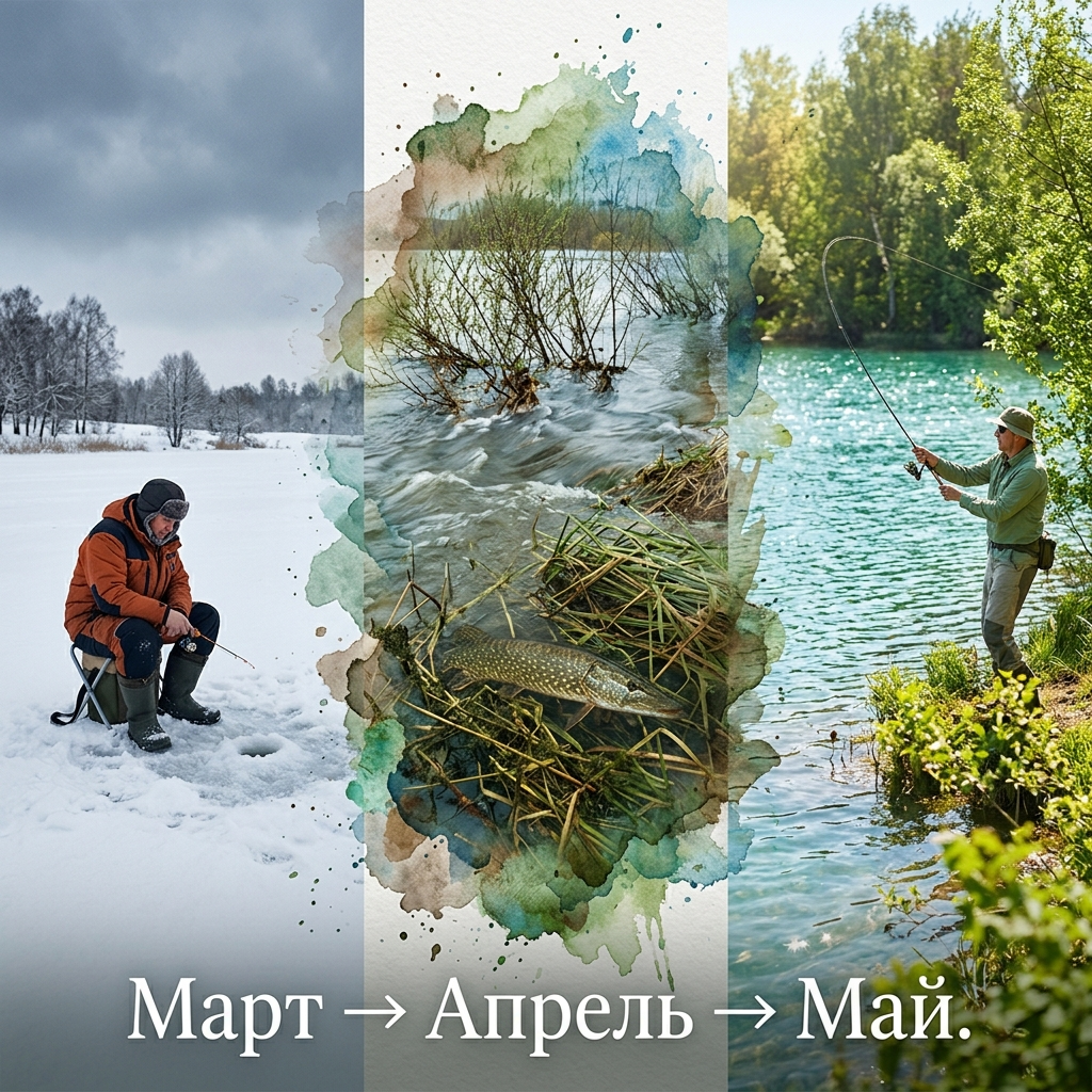 Март — последний лёд → Апрель — нерест → Май — открытая вода
