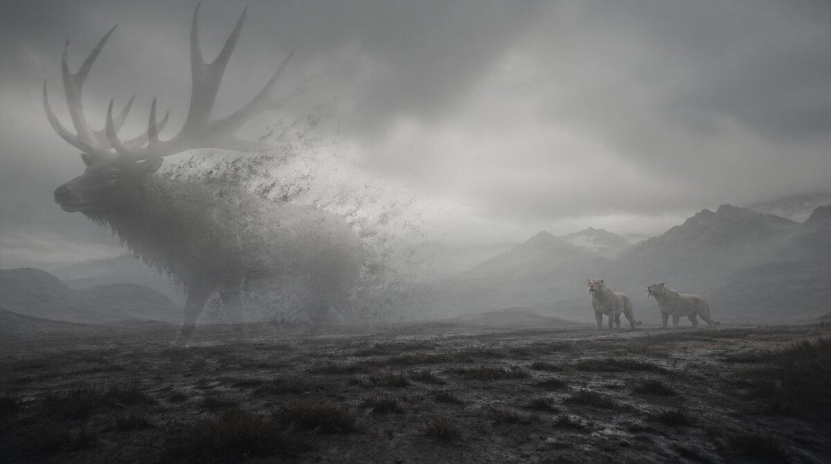 На пустынной равнине два саблезубых тигра смотрят вслед исчезающему в тумане призрачному силуэту гигантского оленя.