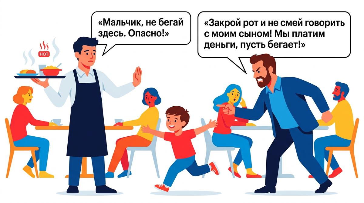 «Закрой рот и не смей говорить с моим сыном! Мы платим деньги, пусть бегает!» — муж устроил скандал из-за замечания официанта в кафе