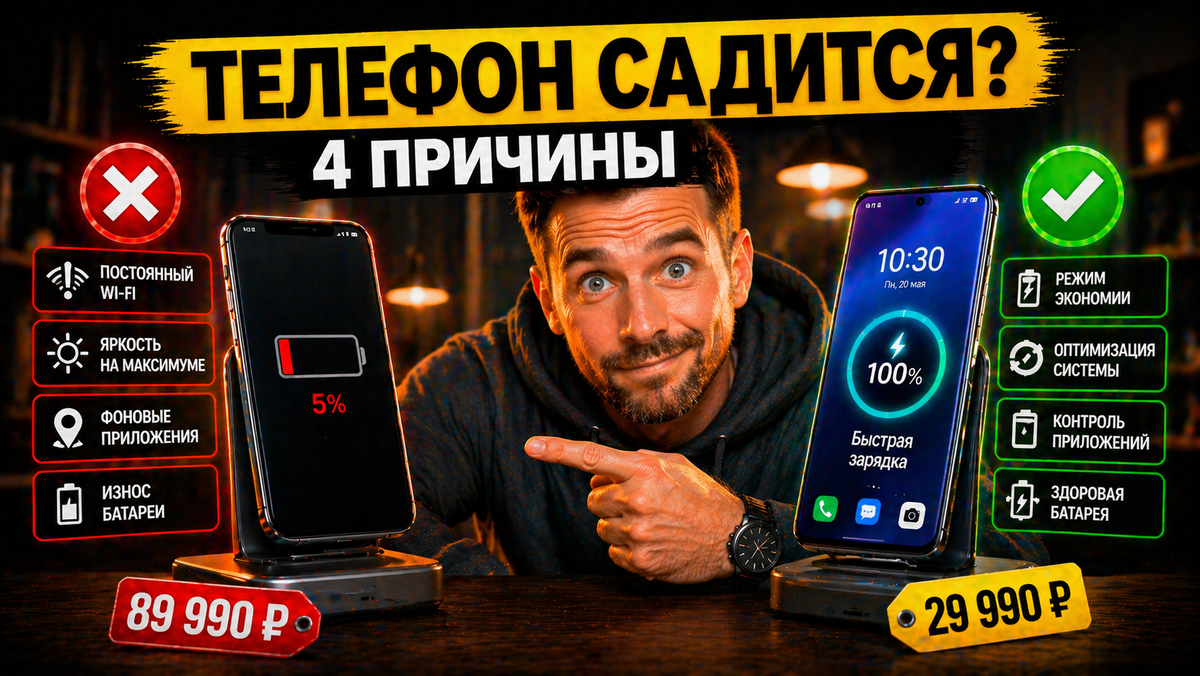 Телефон садится быстро? 4 скрытые причины, которые вы не замечаете: фоновые apps, яркость и Wi-Fi. Как продлить заряд вдвое! 🔋📱 #Батарея #Android