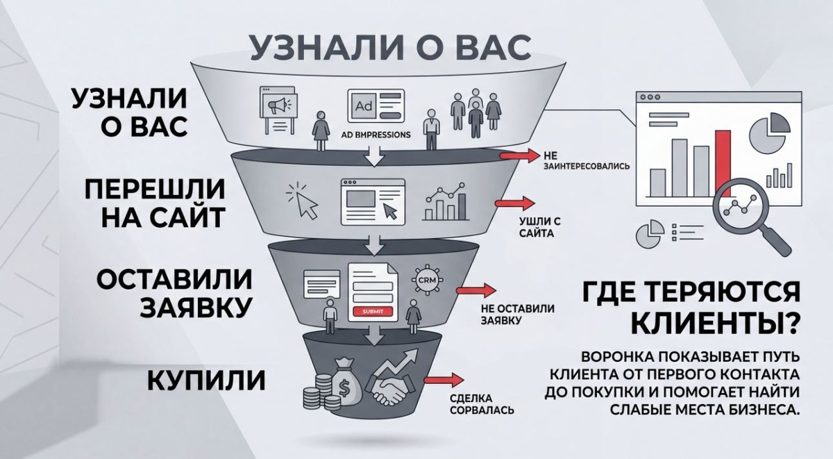 Воронка – это не теория. Это практический инструмент, который показывает реальную картину: откуда приходят люди, как они движутся к покупке и где в этой цепочке пробоина.