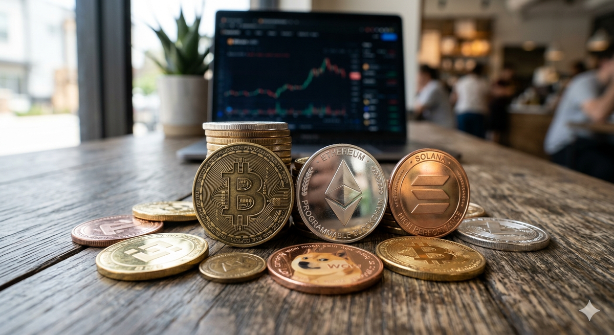Изображение монет крипты на фоне котеровки биржи